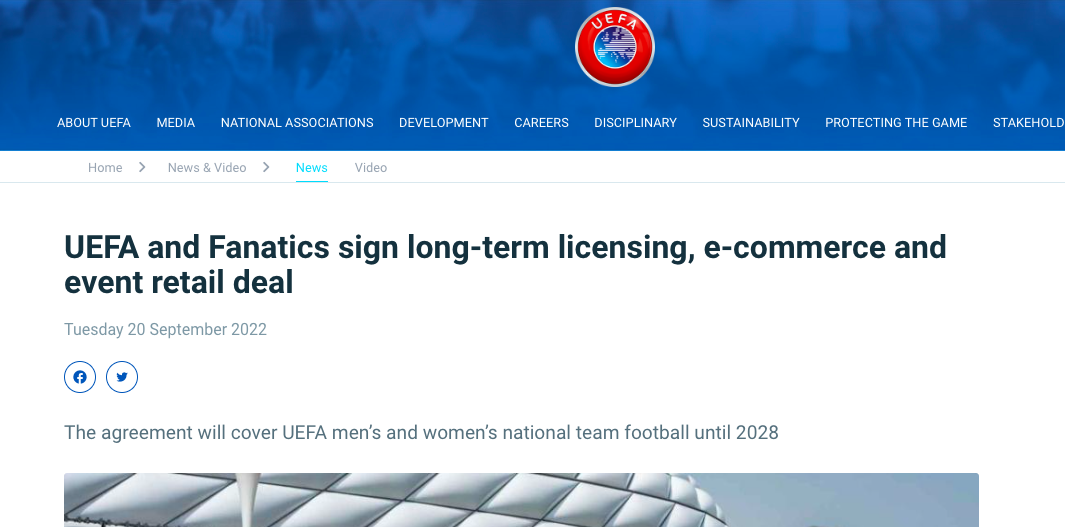 歐足聯與Fanatics續約至2028年，協議涵蓋三屆歐洲杯