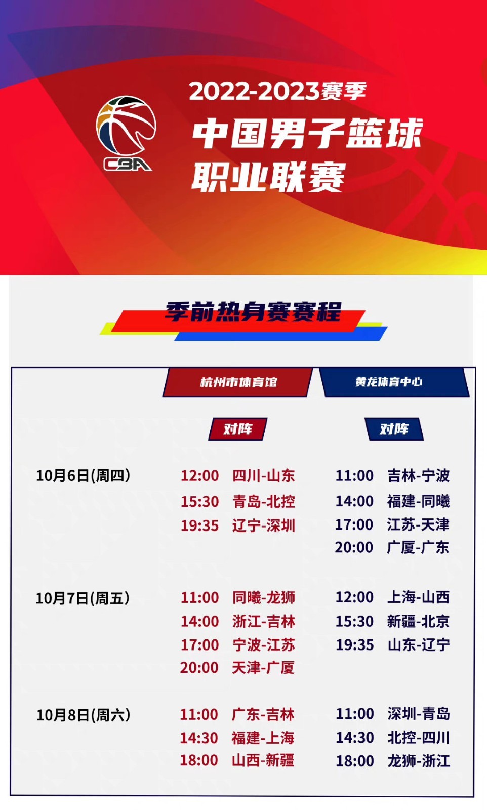 CBA公布季前热身赛赛程，10月6日在杭州开打