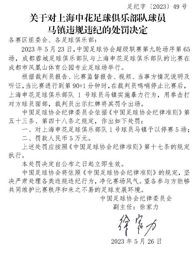 申花门将马镇因拳击对手停赛5场罚款5万